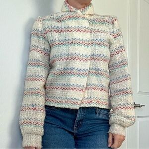 Vintage Koret Union Made Cream Multicolor Zigzag Mohair Knit Sweater Cardigan